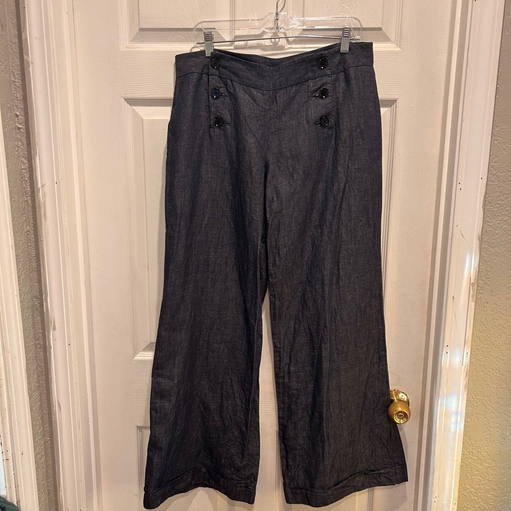 Express Linen Blend Wide Leg Sailor Pants Womens 12 Blue Mid Rise Trousers
